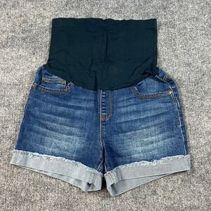 Indigo Poppy Shorts Womens Medium Maternity Blue Rolled Fray Denim Belly Band